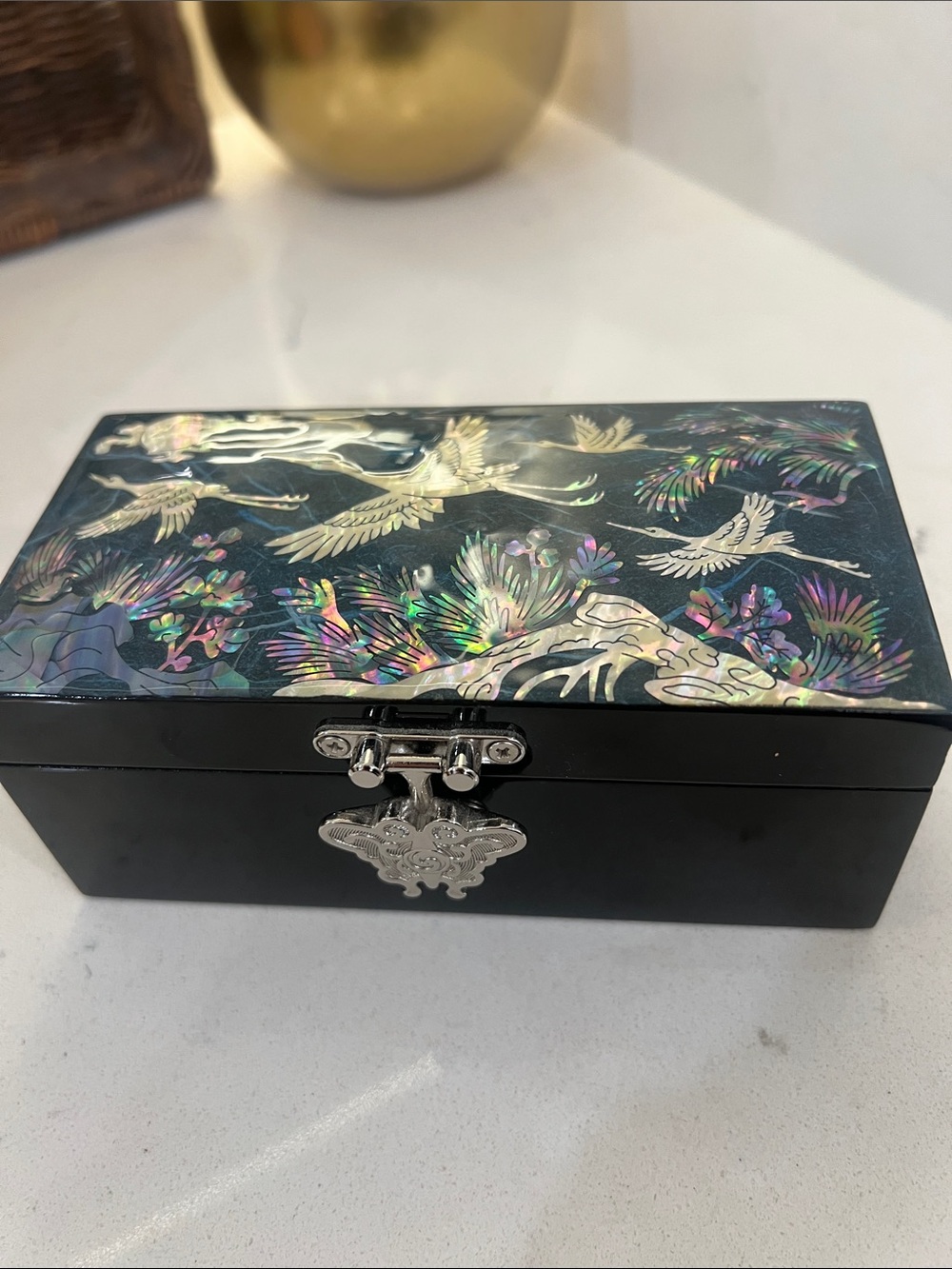 Elegant Black Mother-of-Pearl Inlay Jewelry Box. mother-of-pearl lacquered box.